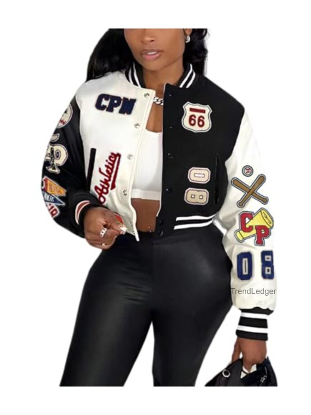 Faux Leather Varsity Bomber Jacket Women Patches Cropped Streetwear